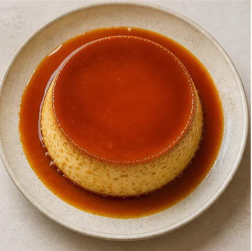 Flan casero con caramelo servido en plato blanco