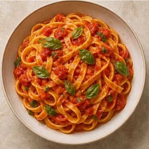 Pasta casera con salsa de tomate y hojas de albahaca